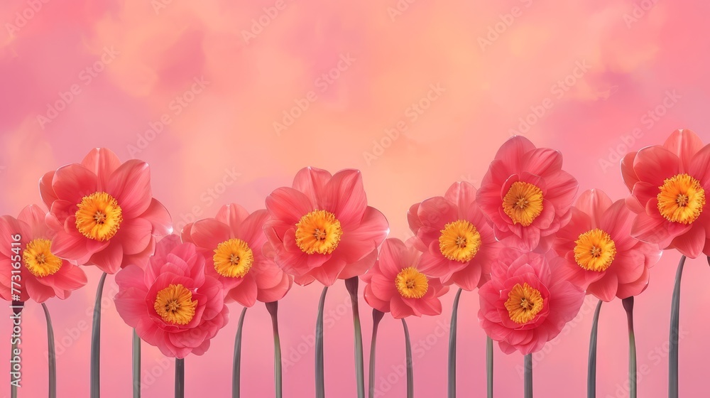   A scene featuring pink and yellow flowers in foreground, against a pink and yellow backdrop, encompassing a pink-hued sky