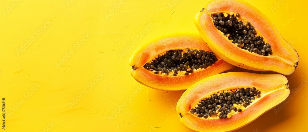 Two sliced papayas atop a yellow table, adjacent to one another on the sunny surface Two sliced papayas atop a yellow table, adjacent to one another on the sunny surface