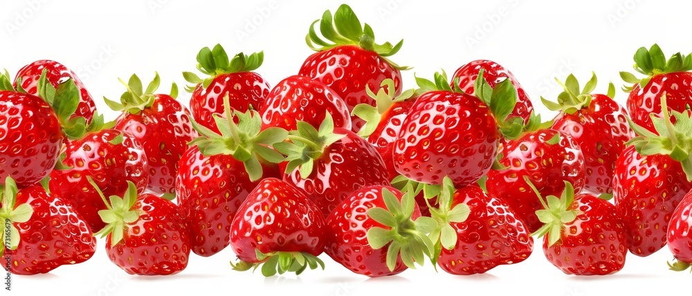 A tight shot of a strawberry cluster, with green leaves above and below the ripe fruit A tight shot of a strawberry cluster, with green leaves above and below the ripe fruit