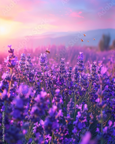 A field of Lavandula under a bright sky, bees buzzing, amidst a sea of vibrant purple, with a focus on its herbal essence © PeeM4289