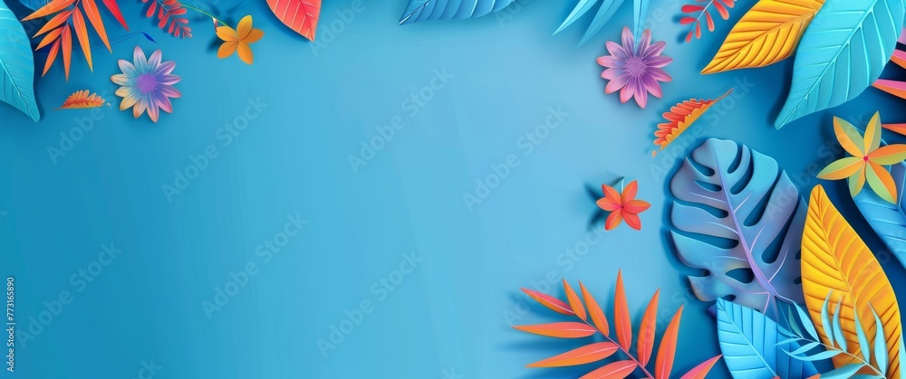 A blue background inhabited by a multitude of colorful leaves and flowers at its base A blue background inhabited by a multitude of colorful leaves and flowers at its base
