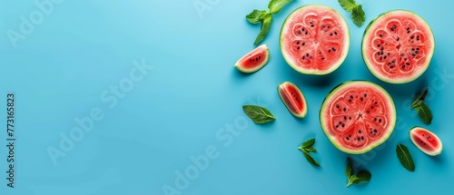   Flat lay of watermelon slices topped with mint leaves against a blue backdrop ..or, for more detailed description:..