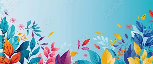   A vibrant scene of colored flowers and leaves against a calming blue backdrop Include text in bottom right corner