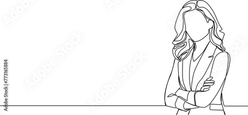 continuous single line drawing of businesswoman standing with arms crossed, line art vector illustration