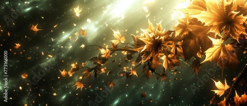   A digital rendering of leaves drifting in mid-air, illuminated by sunlight filtering through their edges