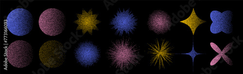 Abstract shaped dotted objects vintage stipple elements. Fading gradient. Stippling, dotwork drawing, shading using dots.Halftone disintegration effect. White noise grainy texture. Vector illustration