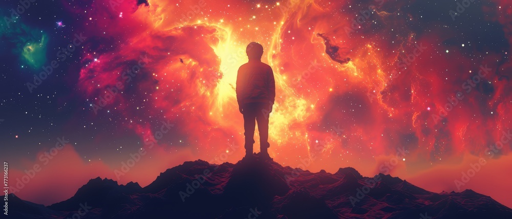   A man atop a mountain gazes at the star-filled night sky, dotted with clouds