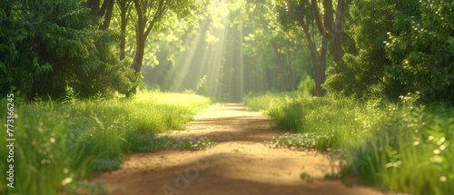   A dirt path in a forest, sunlit by beaming rays filtering through foliage above and verdant grass flanking either side