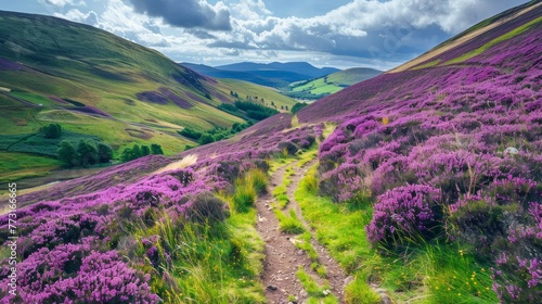 Colorful landscape scenery with a footpath through the hill slope covered by violet heather flowers and green valley, river, mountains and cloudy blue sky on background. Pentland hills, Scotland photo