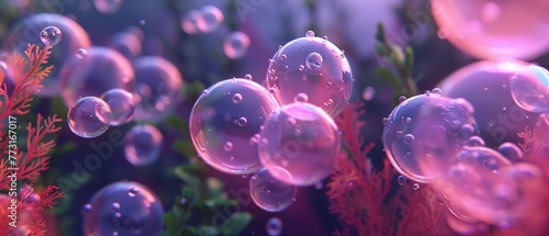  A collection of bubbles hovering above verdant grass, speckled with pink and red algae and corals