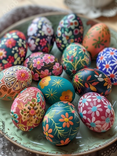 Floral Painted Easter Eggs on Plate