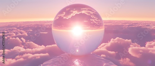  A cloud-studded sky hosts an egg-shaped object with a sun at its center, encased within Sun resides amidst the egg's depth