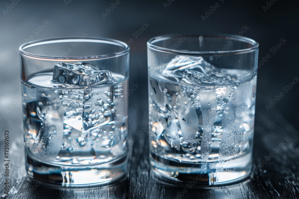 A tight shot of two glassess, each holding an ice-filled interior and encircled by condensation on the exterior A tight shot of two glassess, each holding an ice-filled interior and encircled by condensation on the exterior