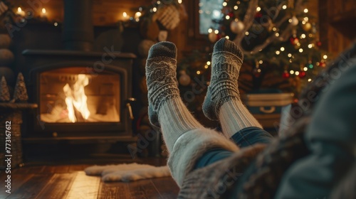 Feet In Woollen Socks By The Christmas Fireplace