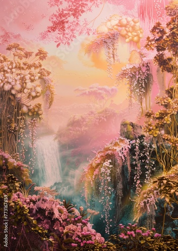  A waterfall painted in a forest's heart, teeming with numerous trees and vibrant flowers in the foreground