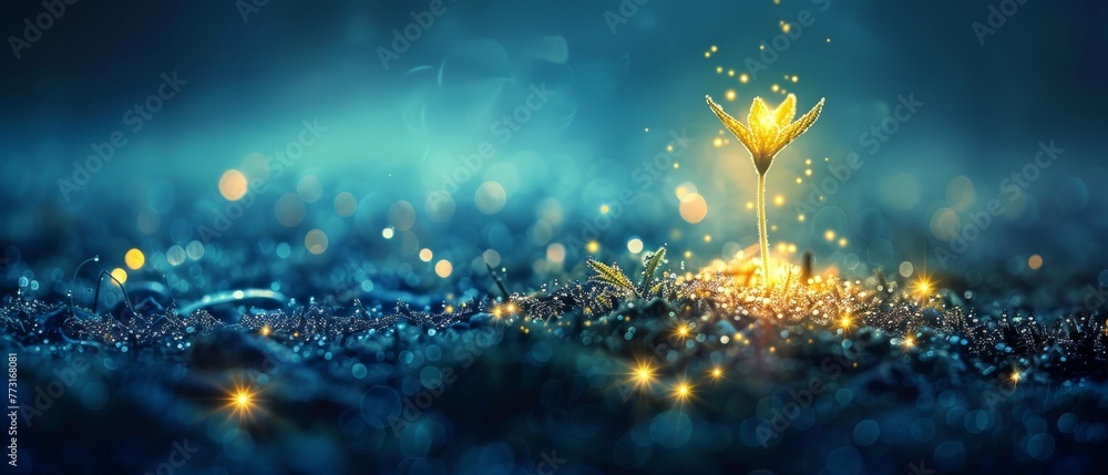   A golden background, adorned with a blue starburst, features a pile of gold coins topped with a radiant gold flower - obrazy, fototapety, plakaty 
