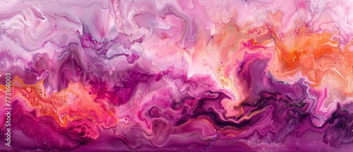   Apurple background is covered in an abstract painting with swirling white and pink hues, interspersed among purple and orange colors photo