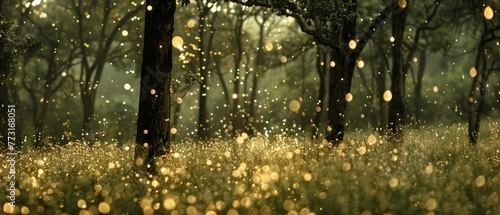   A forest teeming with numerous trees, bedecked in showers of ample yellow and white raindrops © Jevjenijs