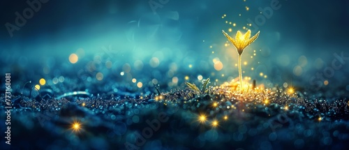   A golden background, adorned with a blue starburst, features a pile of gold coins topped with a radiant gold flower