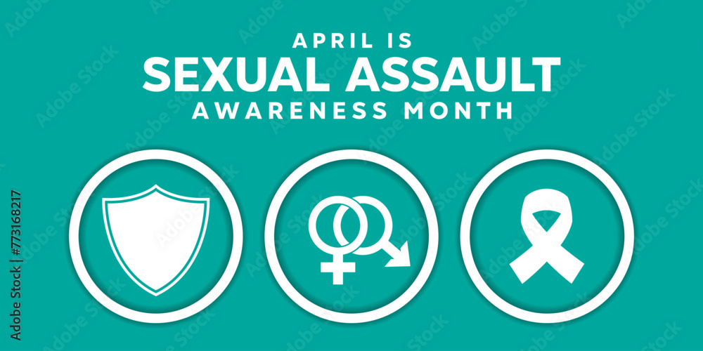 National Sexual Assault Awareness Month. Shield, gender icon and ribbon. Great for cards, banners, posters, social media and more. Easy blue background.
