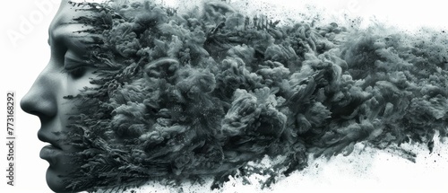   A monochrome image of a woman's head with smoke rising from it