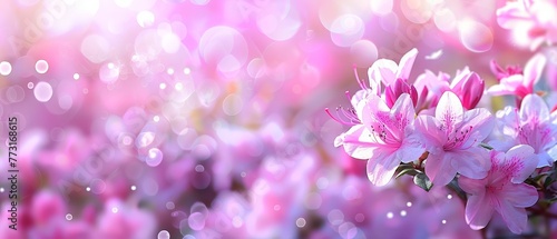   A field of pink flowers  blooming beneath a backdrop of soft light