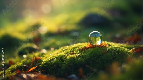 close up of a water drop on ground with mosses, selective focus and blurred background