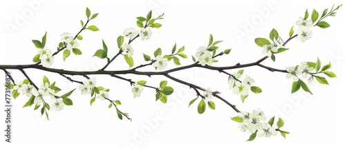  A tree branch with white blooms and verdant foliage in the foreground, set against a pristine white backdrop