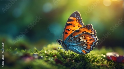 butterfly on a ground filled with green mosses and blurred background with sunlight, depth of field