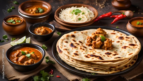 Chilly chicken with Kerala parathas porotta roti parotta barotta naan layered flatbread made from maida whole wheat flour. Eat with spicy Asian chicken beef egg curry gravy. Indian food photo