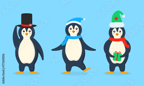 Set of adorable penguins wearing winter clothing and hats. Collection of funny cartoon arctic characters animals in outerwear. Postcard for New Year and Christmas. Image in cartoon flat style