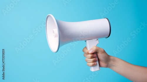 a hand holding a white megaphone