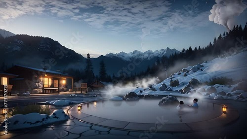 a serene hot spring surrounded by mountains and a cozy cabin, perfect for travel advertisements or showcasing relaxation and wellness destinations. photo