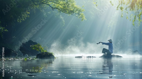 a person sitting on a rock in a body of water