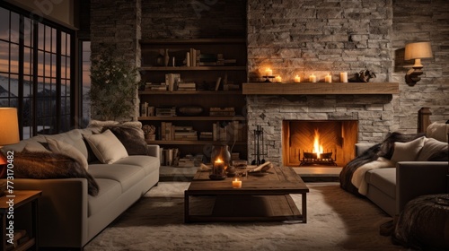 Using warm-toned lighting fixtures to enhance the fireplace ambiance. In the spirit of hygge.