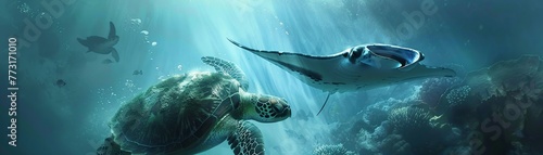 A graceful sea turtle swims alongside a majestic manta ray, gliding through the ocean depths cute