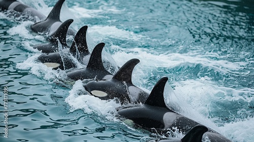 A group of orcas perform a synchronized swimming routine, leaping out of the water in unison minimal