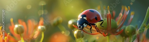 A ladybug landing on a flower with a surprised expression cute