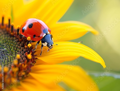 A ladybug resting on a bright yellow sunflower small