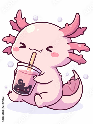 Kawaii illustrated Axolotl drinking Boba Tea Bubble Tea / Japanese Neko Anime Illustration of a cute Pet loving Boba Tea