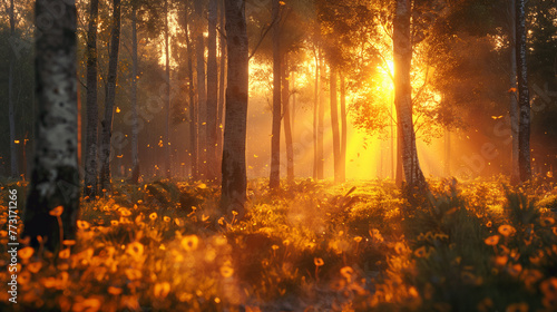 flowers in the forrest in the sunset