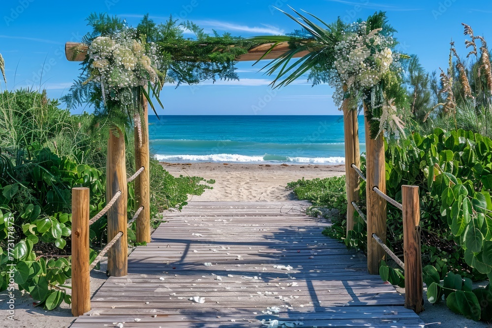 Fototapeta premium Scenic Beach Wedding Venue Archway with Ocean View and Tropical Plants on a Sunny Day