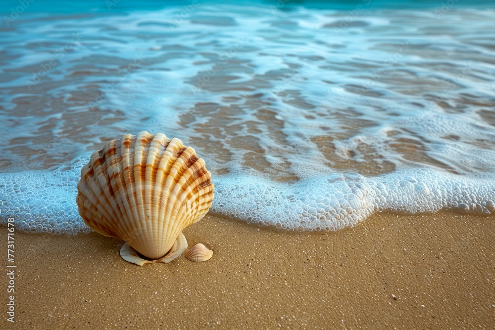 Pristine Seashell on Sandy Beach with Gentle Waves in the Background Idyllic Tropical Shoreline Scene Pristine Seashell on Sandy Beach with Gentle Waves in the Background Idyllic Tropical Shoreline Scene