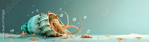 A shy squid hides inside a seashell decorated with pearls and seaweed water color photo