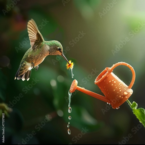 A tiny hummingbird sipping nectar from a flower shaped like a teacup water color