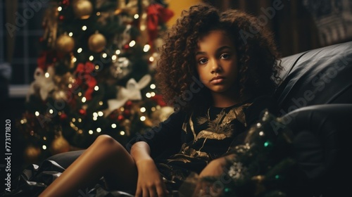 Adorable black girl sitting on sofa by christmas tree at home. © Dennis