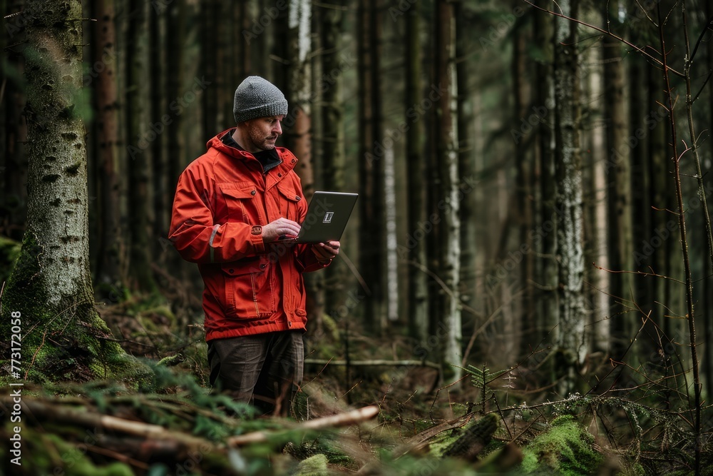 A man wearing a red jacket stands in a forest, using a laptop to analyze real-time data