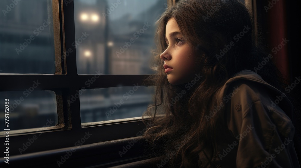 Girl sitting by the window looking into the distance Girl sitting by the window looking into the distance