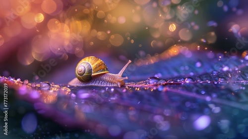 A tiny snail leaves a glittery trail of slime as it crawls across a leaf cute photo