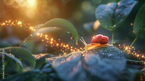 A tiny snail leaves a glittery trail of slime as it crawls across a leaf cute photo